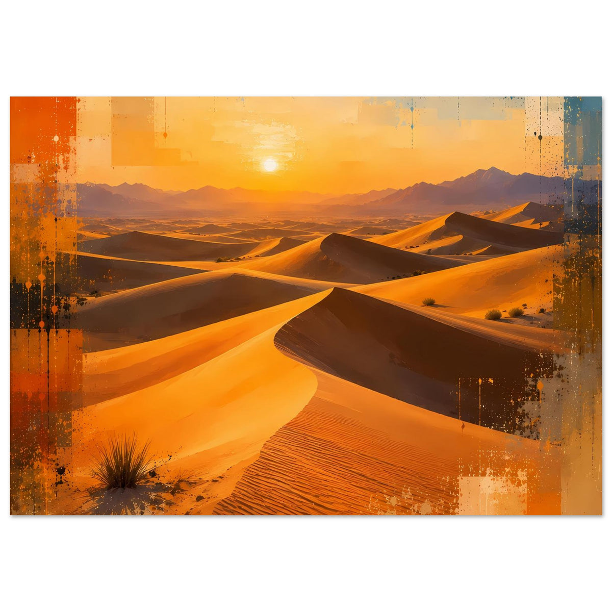 Wandposter horizontal: Sanddünen im Abendlicht, Orange und Gelb, abstrakter Farbverlauf