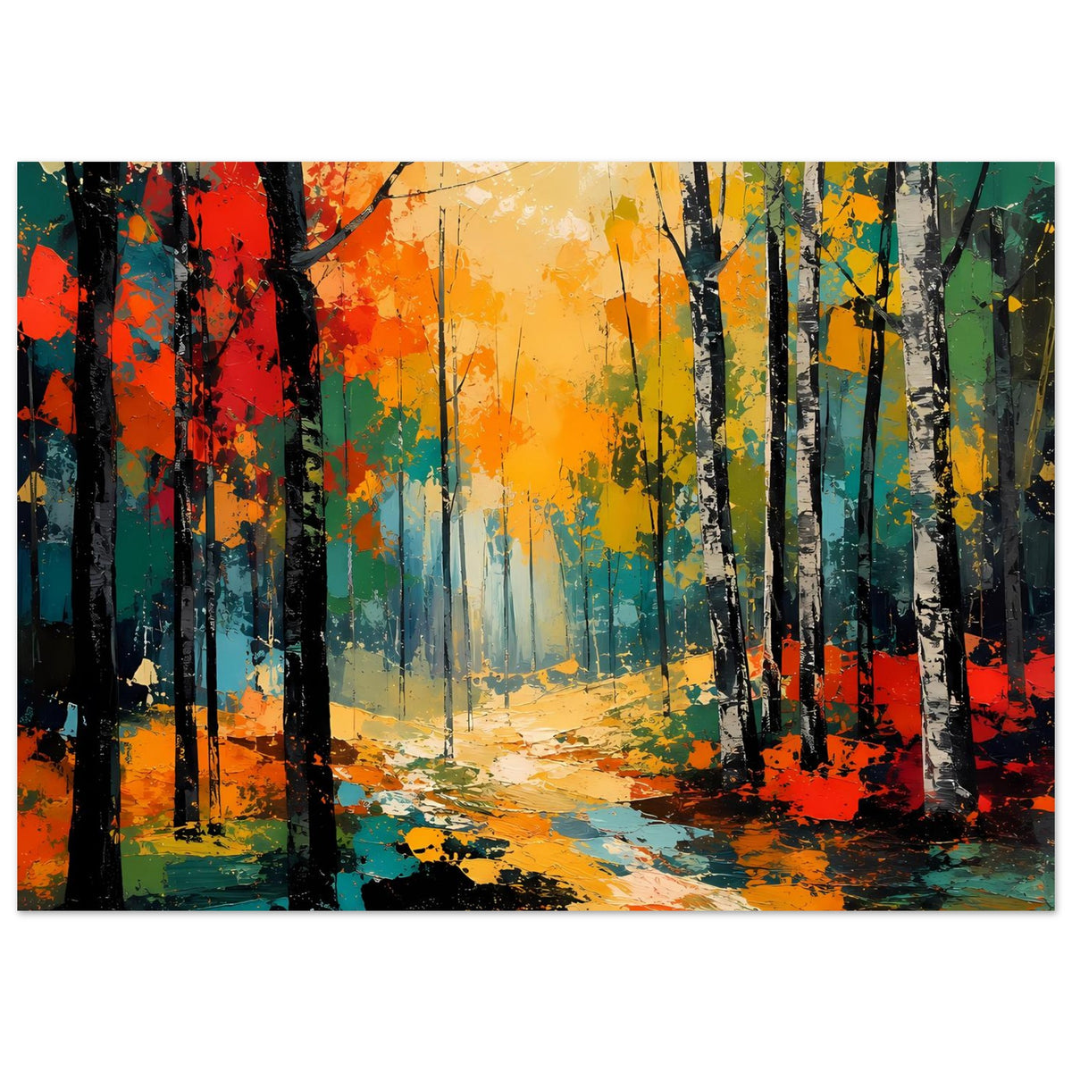 Horizontales Herbstwald-Poster: bunte Baumstämme, goldgelner Nebel, Weg im Wald