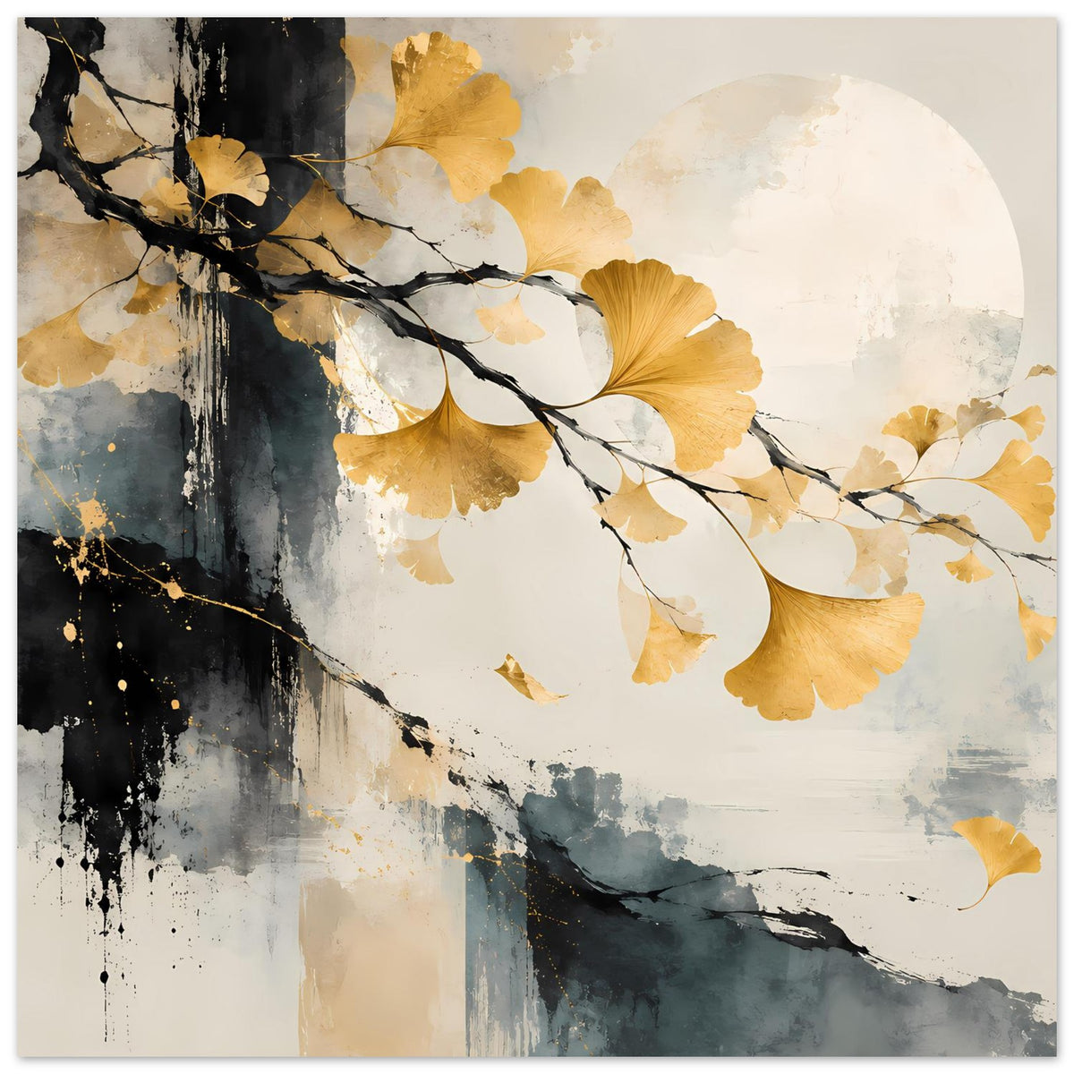 Kunst-Poster mit goldenen Ginkgo-Blättern, schwarzen Ästen und hell-dunklem Aquarellmix
