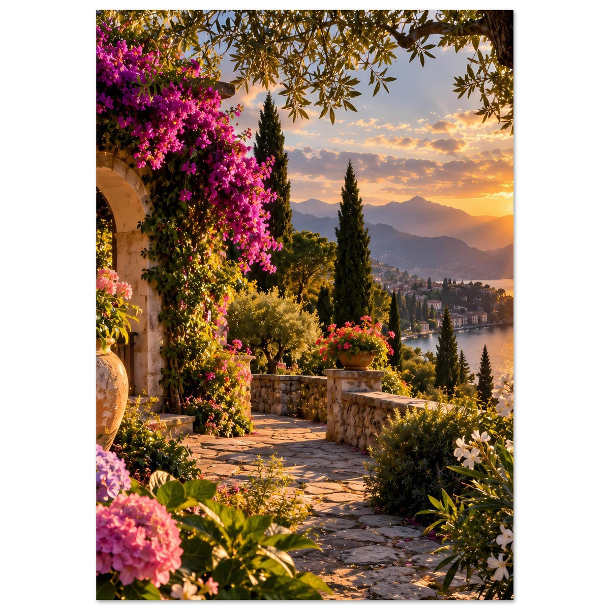 Poster mit Blütenreihen an der Wand und Steinterrasse, goldenem Sonnenuntergang
