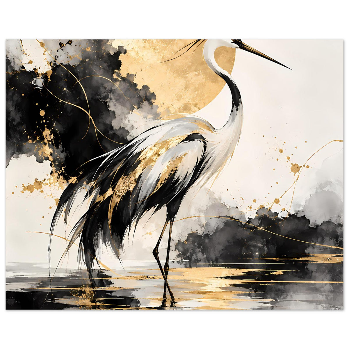 Vogelposter mit Kranichprofil in Schwarz, weißen Flügelakzenten und goldenen Spritzern