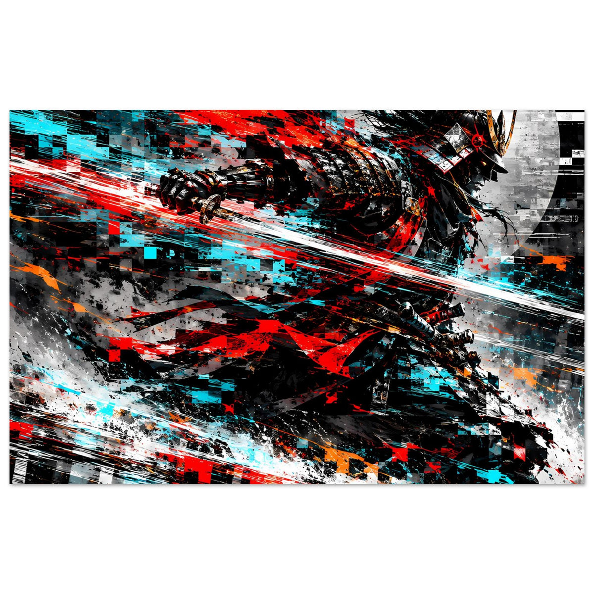 Abstraktes Action-Poster mit Samurai-Design, Rot- und Cyan-Linien, grobe Graffiti-Texturen