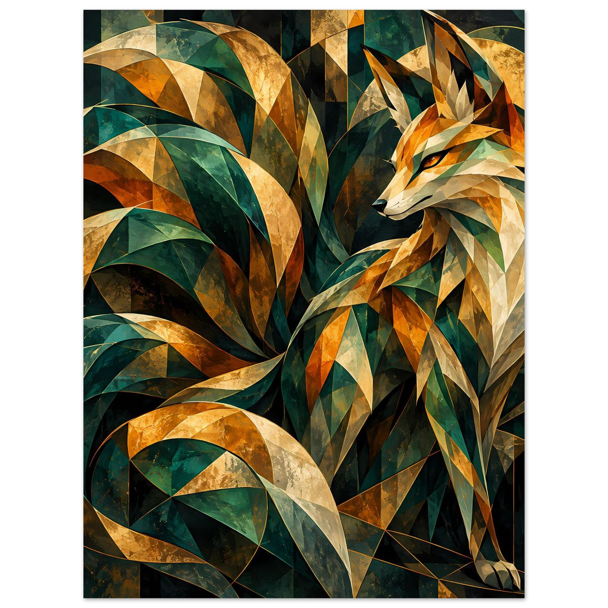 Kunstposter: Fuchsgesicht mit geometrischen Prismen in Grün, Gold und hellen Beigetönen.