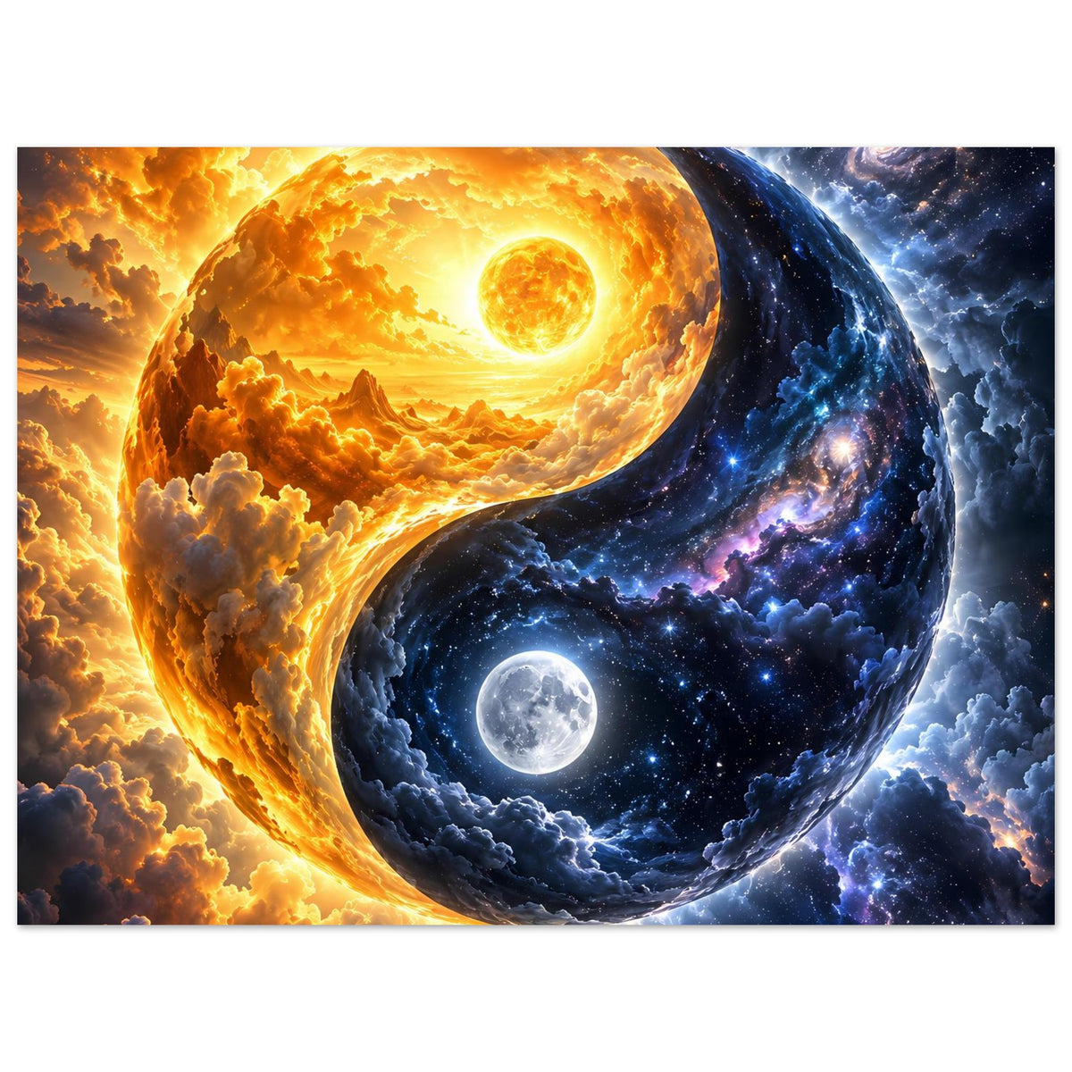 Querformat-Poster mit Yin-Yang-Motiv: Sonne und Mond in kosmischem Wolkenhimmel