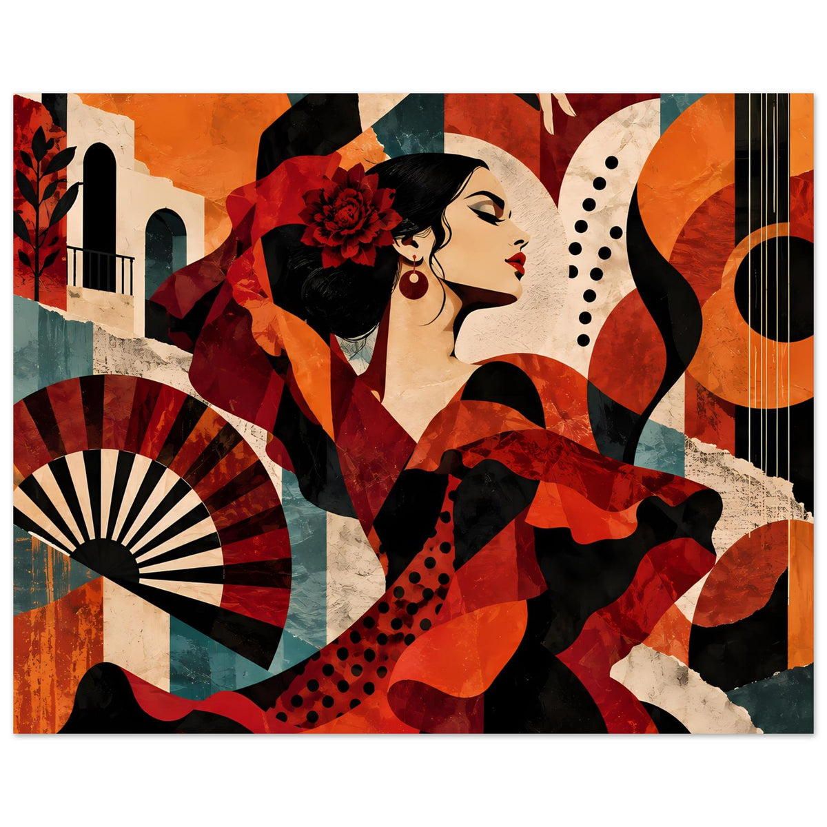 Tanzposter im Querformat mit Flamenco-Tänzerin im Profil, rot-schwarzes Collage-Design