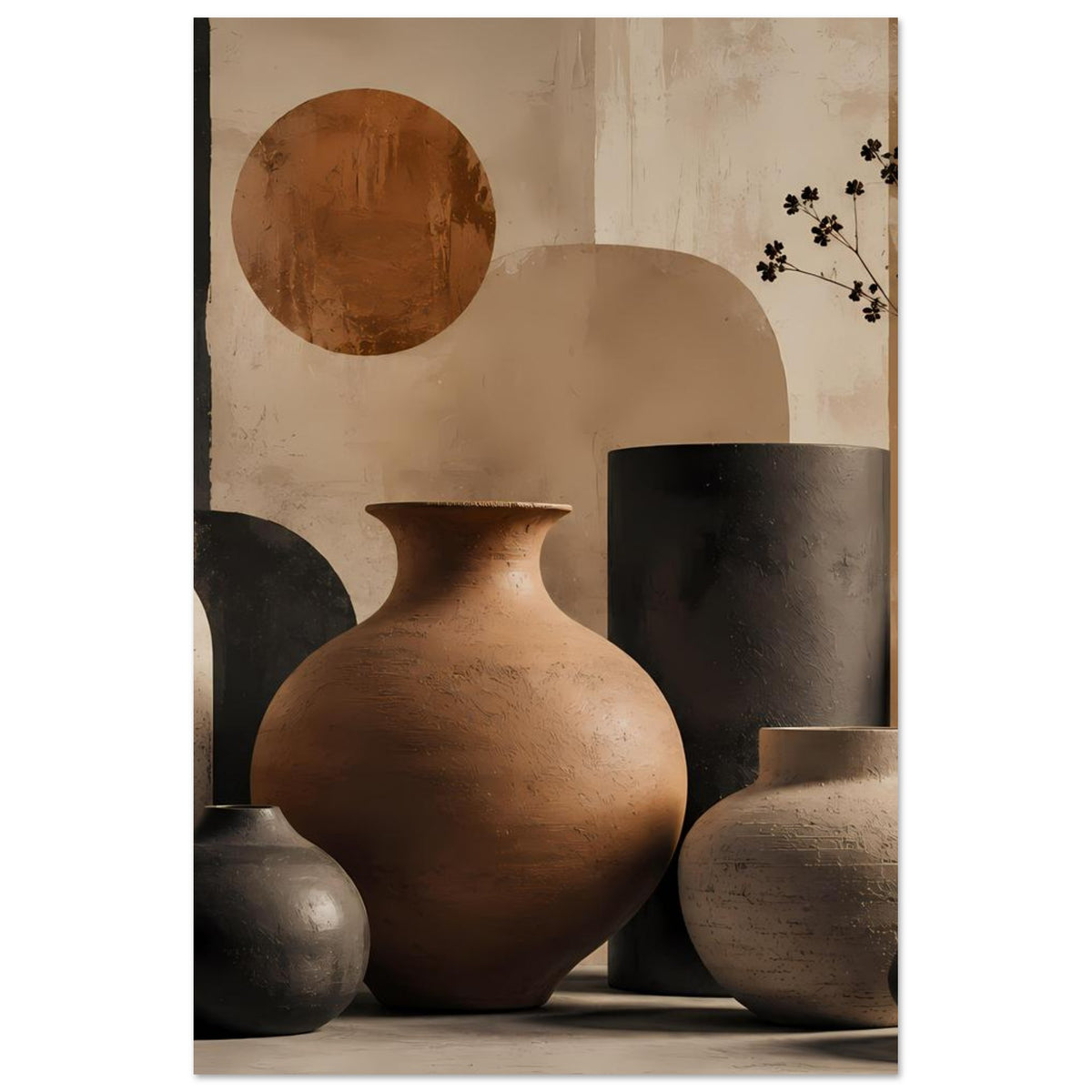 Poster mit Keramikvasen: große terrakottafarbene Rundvase und dunkle zylindrische Vase