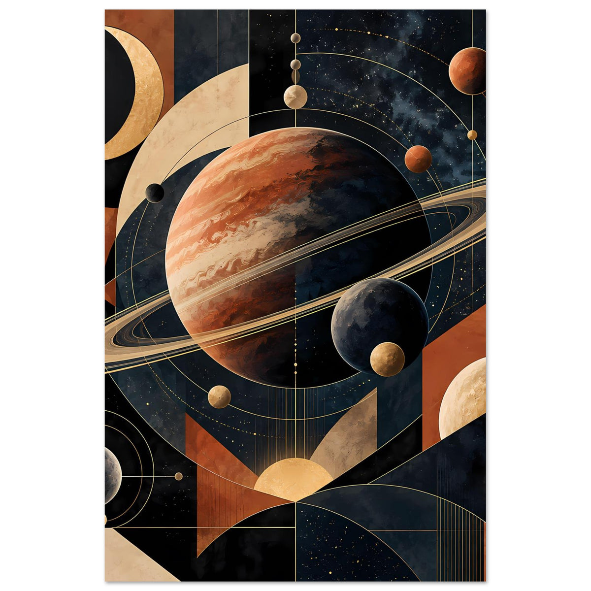 Poster mit kosmischen Planeten, Saturnring, goldenen Linien und warmen Erdtönen, vertikales Motiv