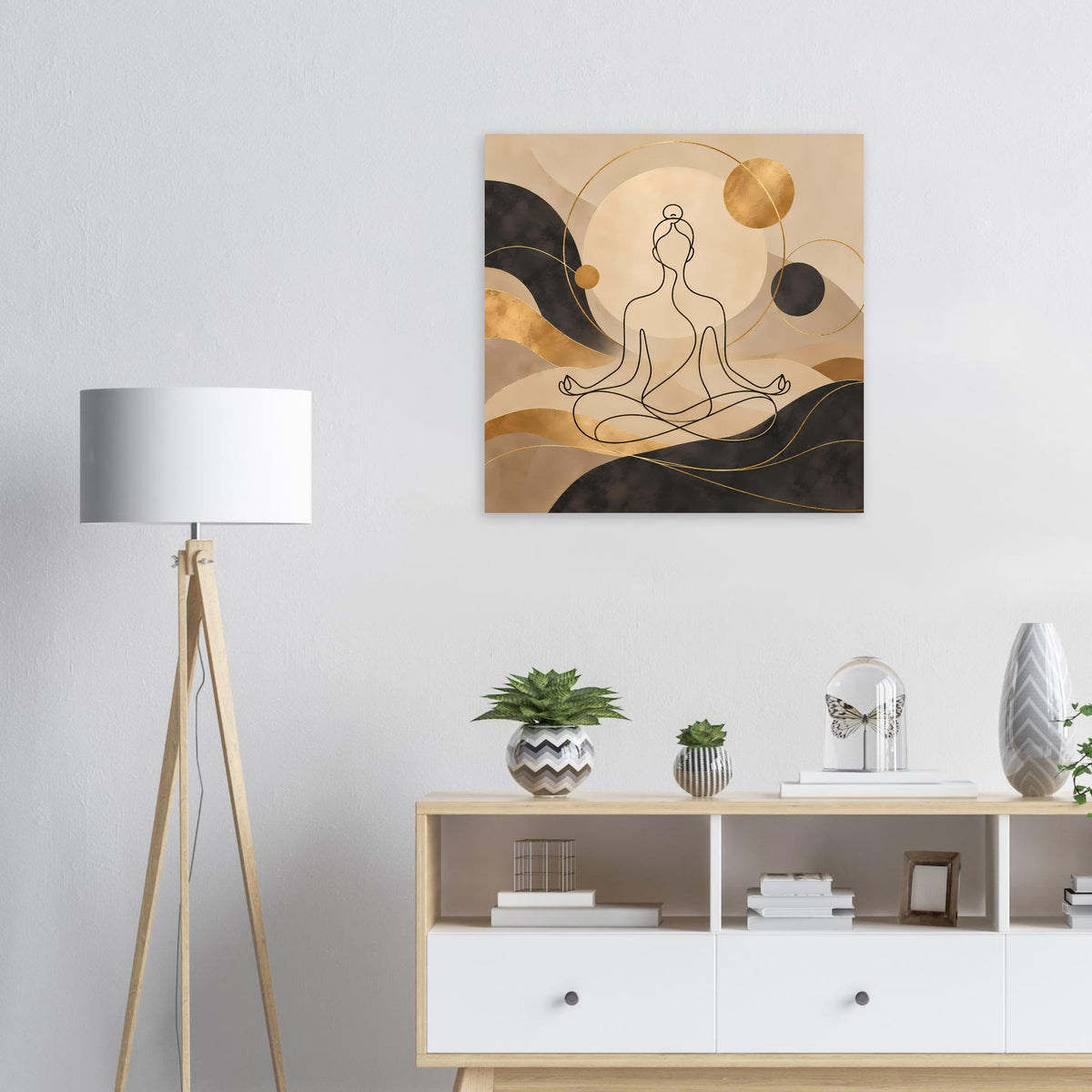 Goldener Kunstdruck mit minimalistischer Yoga-Meditationsfigur in Kreis- und Liniengrafik