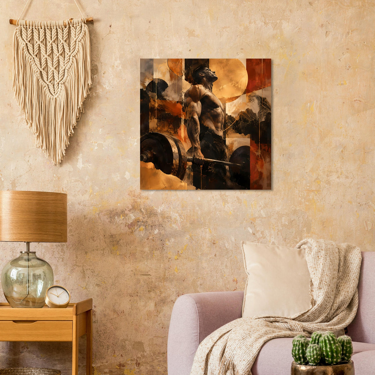 Fitnesskunst-Poster mit barbelltragender Figur, gemusterter Warmton-Collage