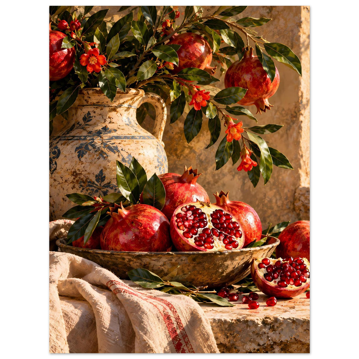 Poster mit Granatäpfeln in Schale, Keramikvase und bunten Blättern mit roten Blüten