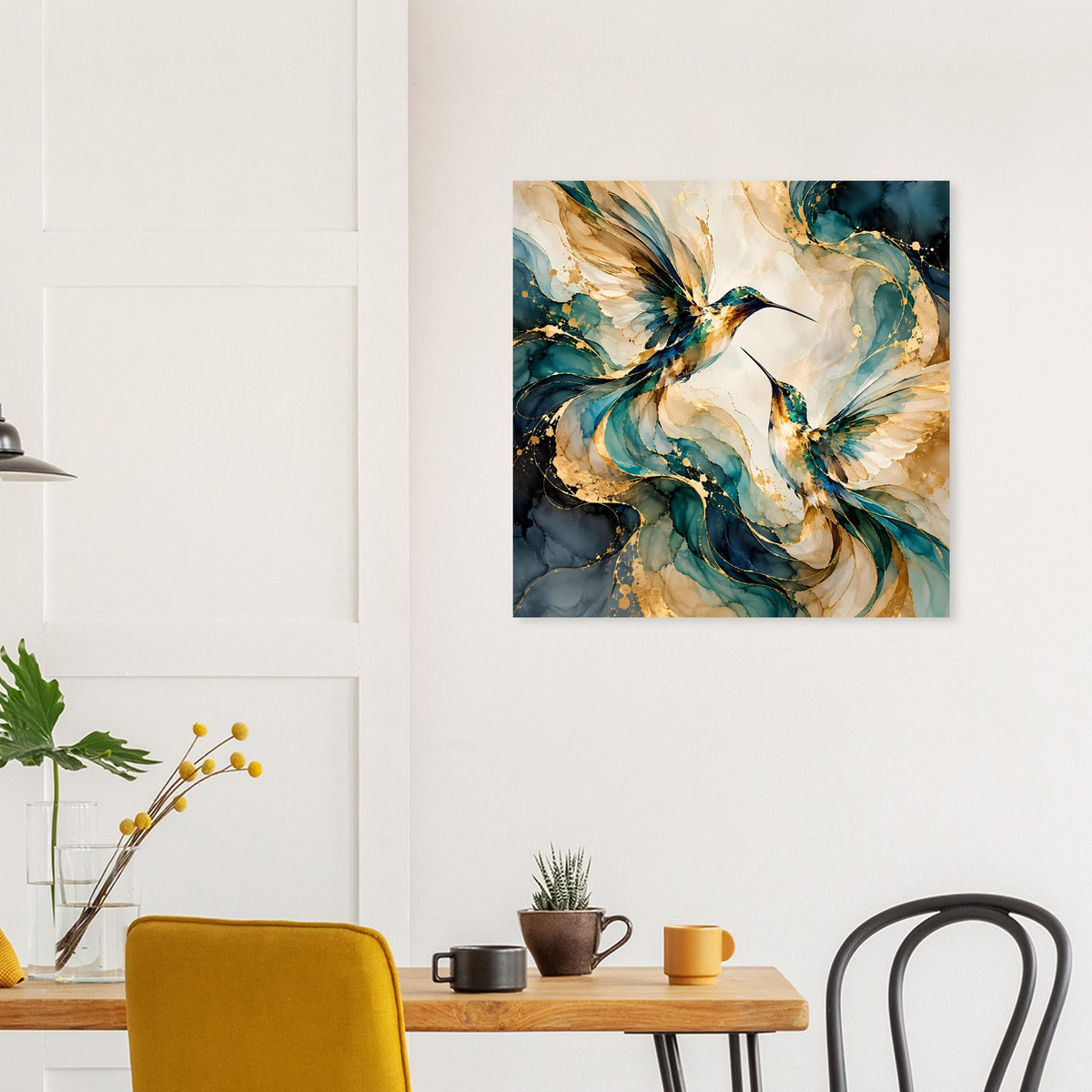 Quadratisches Vogelposter: Kolibris in Blau und Gold auf hellem, pastelligem Grund