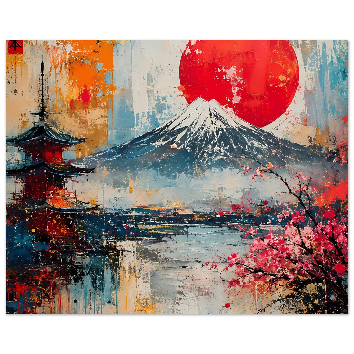 Poster mit Fuji, roter Sonne und Kirschblüten, Panoramaansicht mit Pagode links