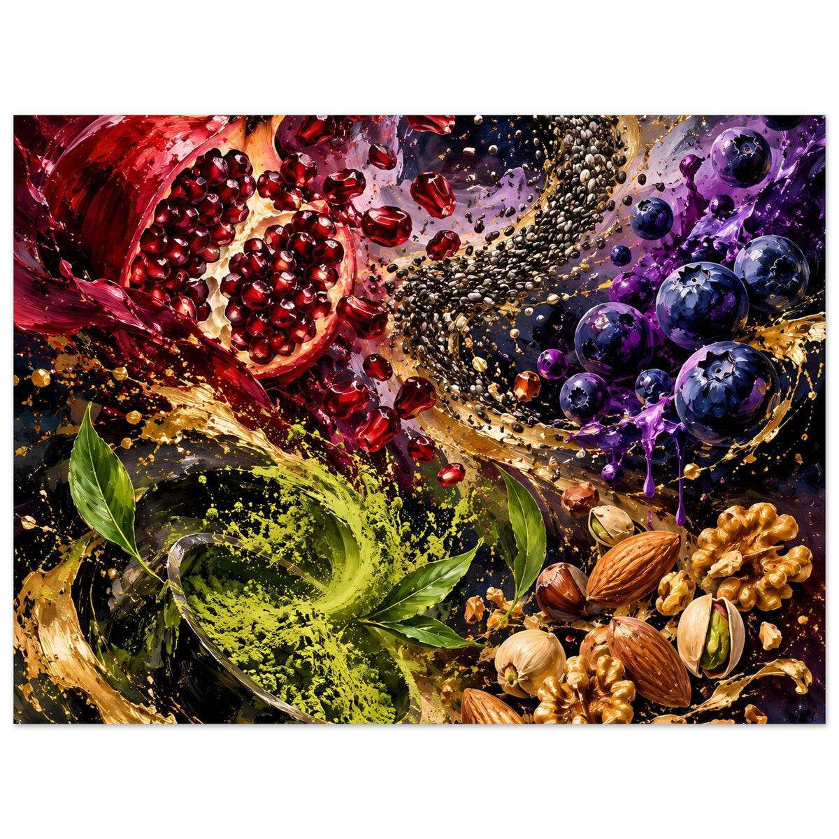Poster mit Obstspray-Look: Granatapfel links, viele Körnchen in der Mitte, Blaubeeren rechts