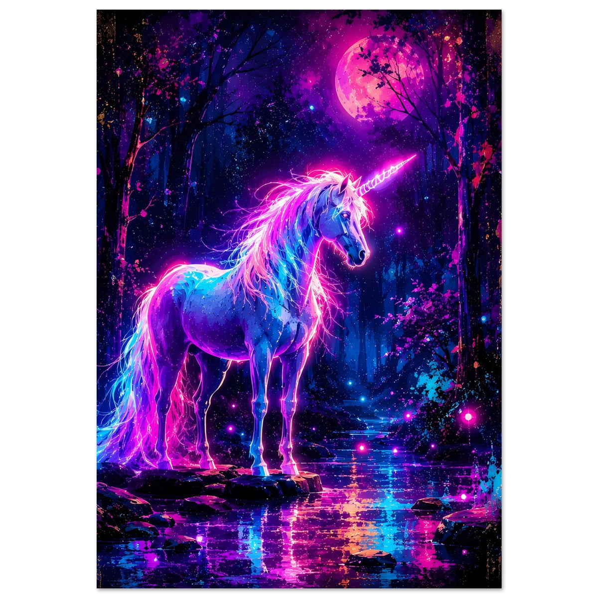 Neon-Einhorn-Poster: seitlich stehendes Einhorn mit leuchtender Mähne im Wald bei Vollmond.