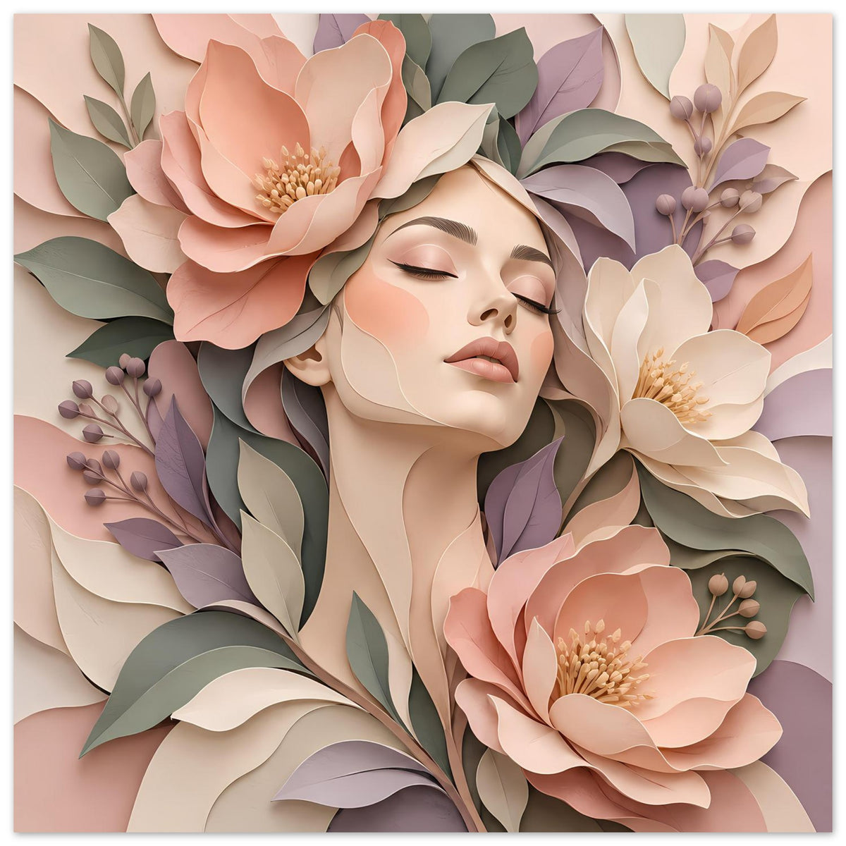 Florales Portraitposter: Frauenkopf mit geschlossenen Augen, umrahmt von Pastellblüten und Zweigen