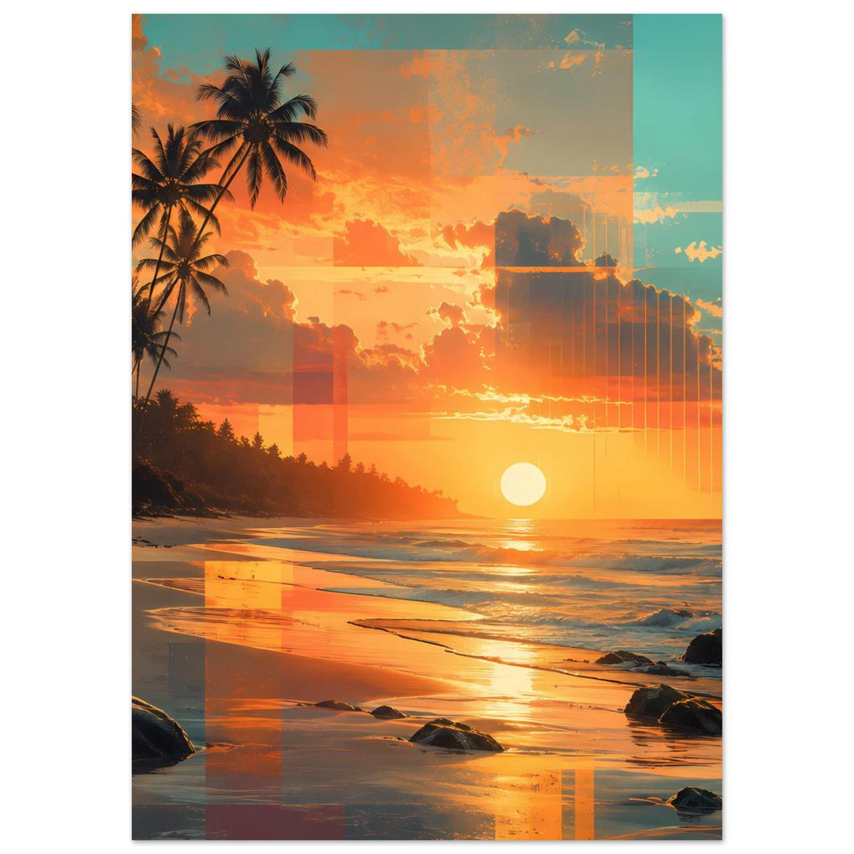 Beachdruck-Poster im Hochformat: Palmen links, Sonnenuntergang über Strand und Meer