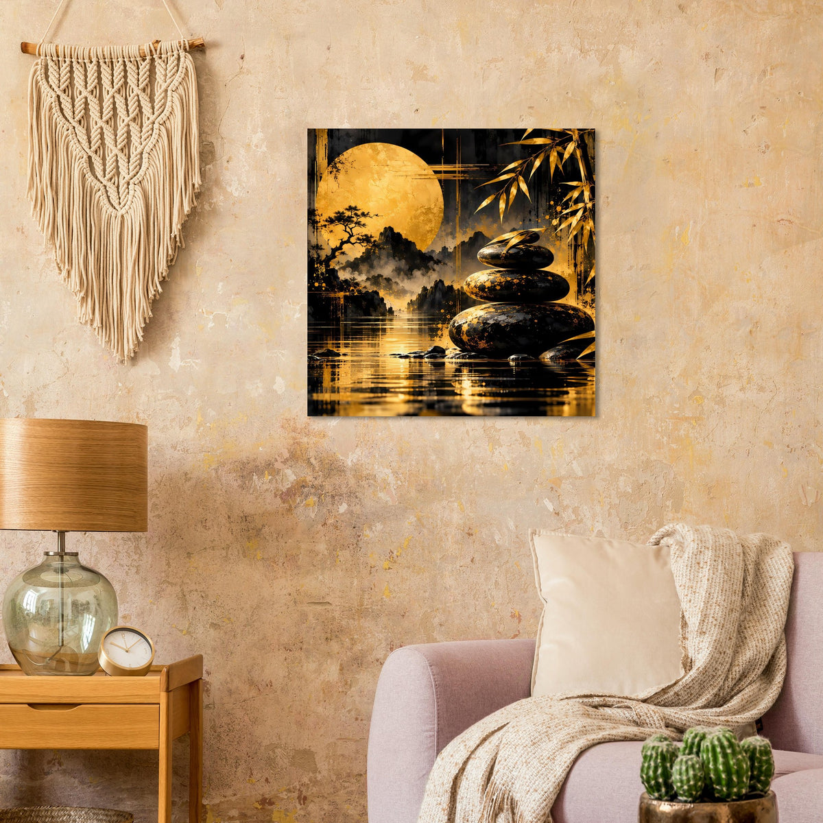 Kunstposter Zen: goldener Mond über Landschaft, schwarze Steine und Bambusblätter