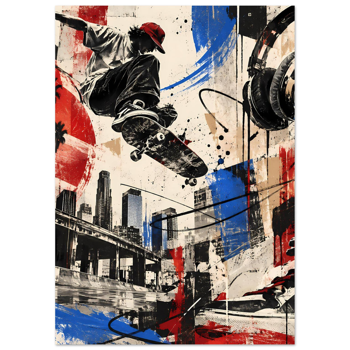 Urban-Skate-Poster im Hochformat mit Skateboarder und Sprühfarbe in Rot, Blau, Schwarz