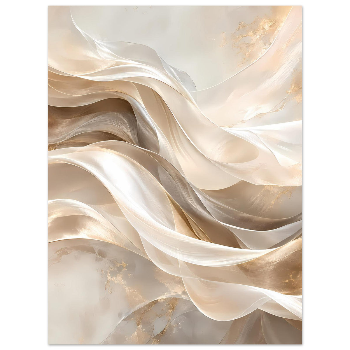 Abstraktes Leinwand-Poster mit cremefarbenen Seidenfalten und goldenen Akzenten, Hochformat