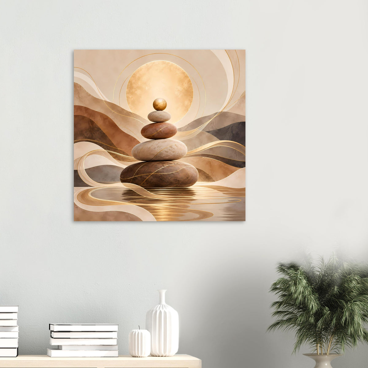 Zen-Poster im Quadratformat: ruhige Steinpyramide mit goldenen Linien in Beige