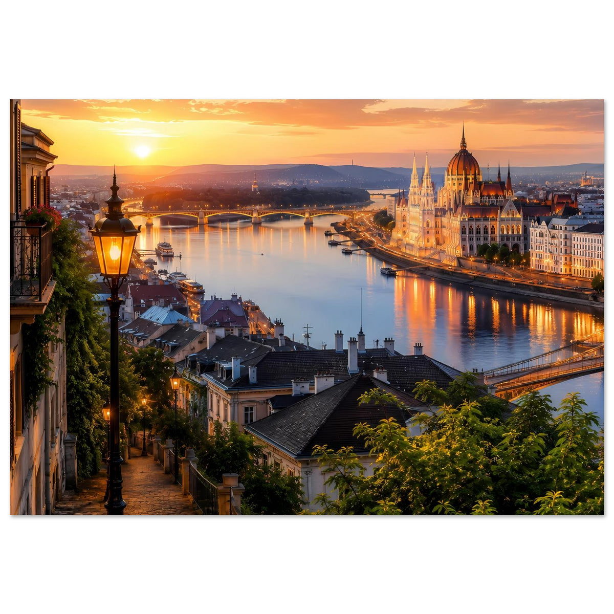 Poster mit Flussblick und Altstadt, Sonnenuntergangslicht, gotische Kathedrale rechts im Bild