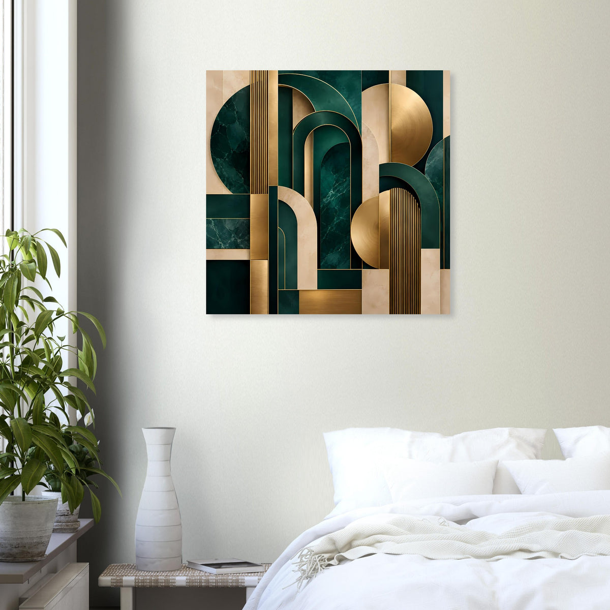 Quadratisches Art-Deco-Poster mit goldenen Akzenten und dunkelgrünen Säulenformen