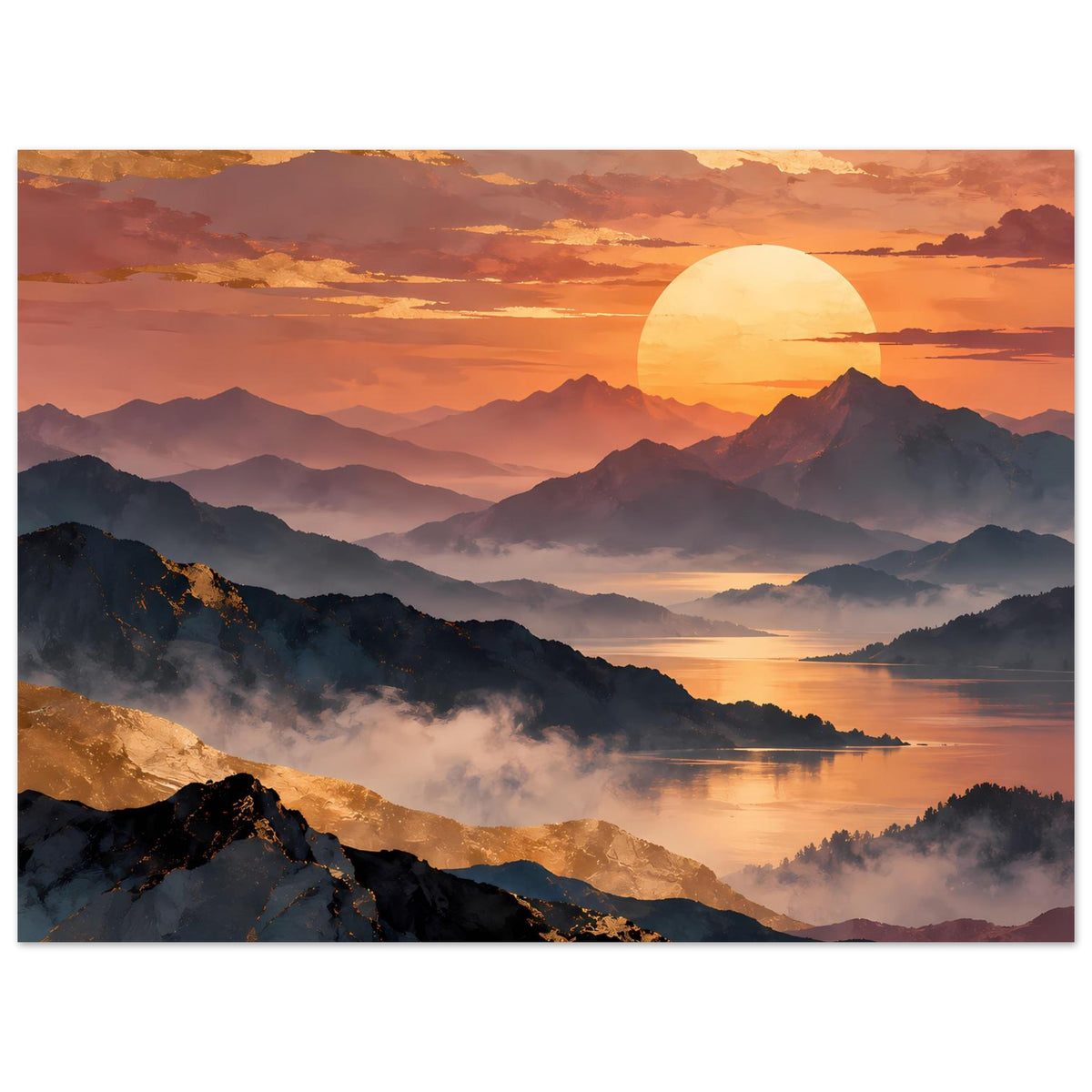 Horizontaler Posterdruck: runde Sonne, Bergketten und See mit Nebelschwaden in der Ferne.