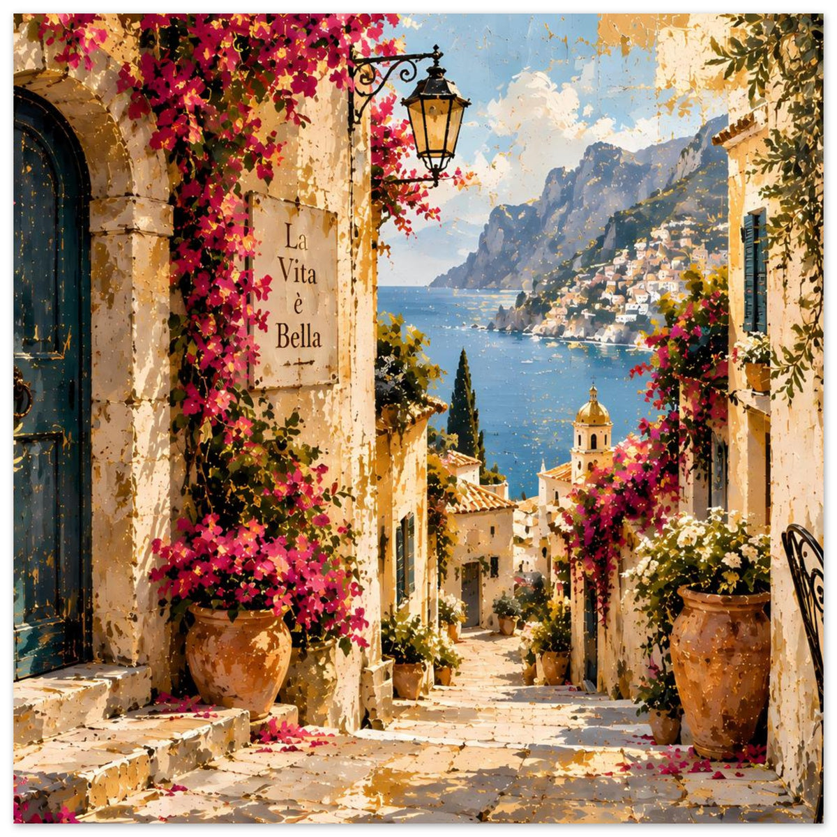 Poster mit mediterraner Gasse, pinken Bougainvillea und Blick auf See mit Bergen