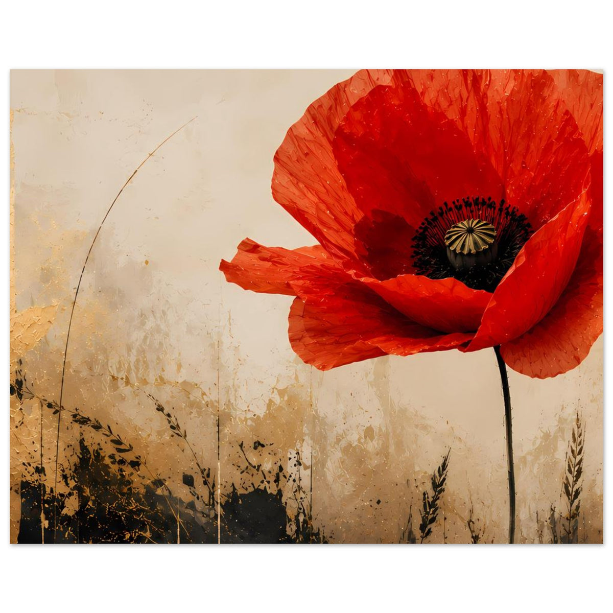 Poster mit roter Mohnblüte und schwarzem Blütenkern, Stiel und abstrakte Gräser unten