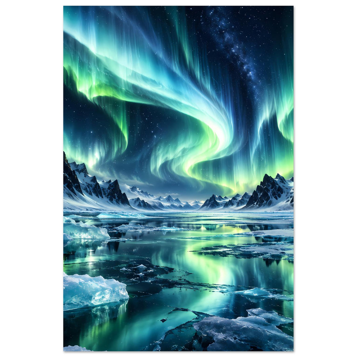 Vertikales Poster mit Nordlichtern über schneebedeckten Bergen und gefrorenem See