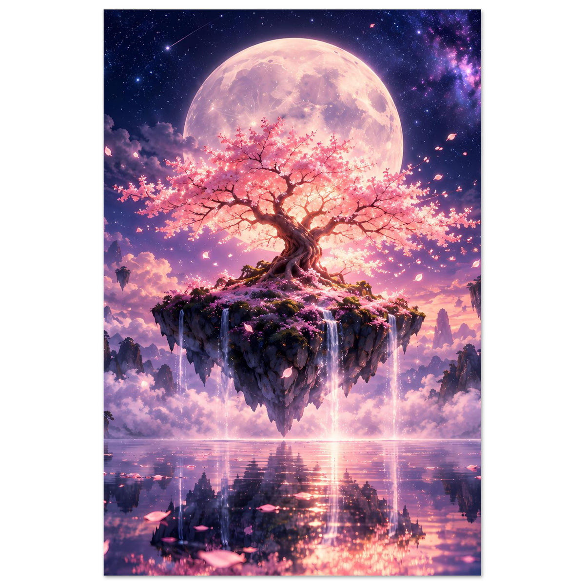 Poster mit blühendem Kirschbaum auf schwebender Insel unter großem Vollmond im Sternenhimmel