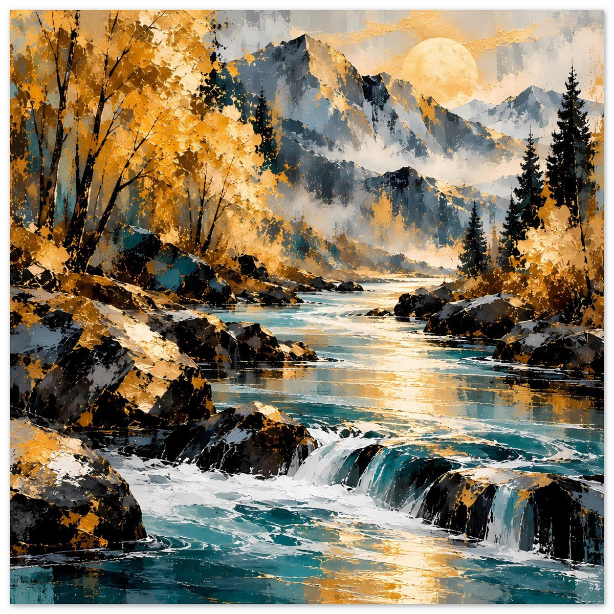 Herbstlandschaft-Poster im Panoramaformat: Fluss, Wasserfälle, goldene Baumkronen