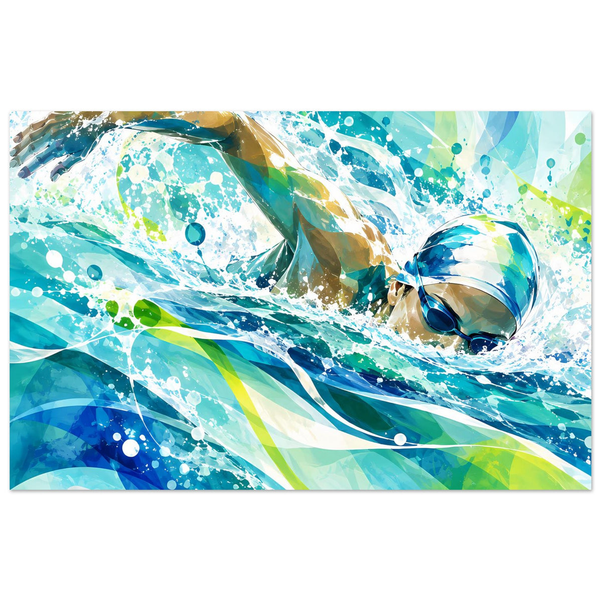 Querformat-Poster mit dynamischem Schwimm-Motiv, abstrakte Wellen in Blau und Grün