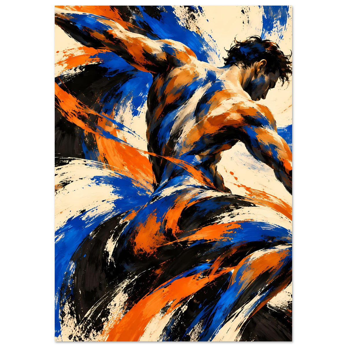 Kunstposter mit großem Farbwirbel und anfeuernder Figur in Blau, Orange und Schwarz