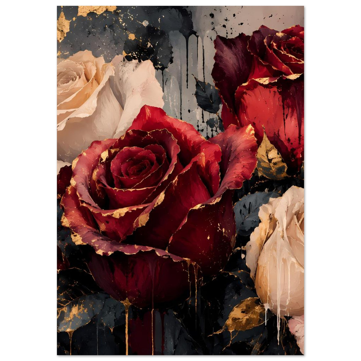 Kunstposter mit Rosen in Bordeauxrot und Creme, Goldsprenkel und dunklen Akzenten
