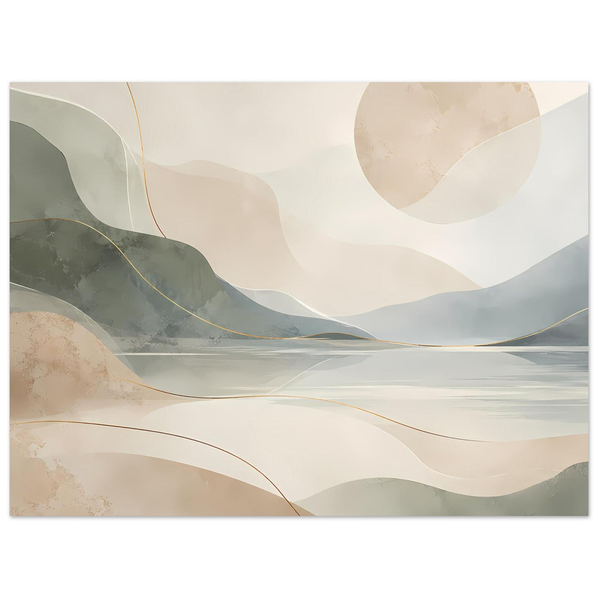 Abstraktes Poster mit Berg- und Seebereich in Beige, Grau-Grün und goldenen Linien