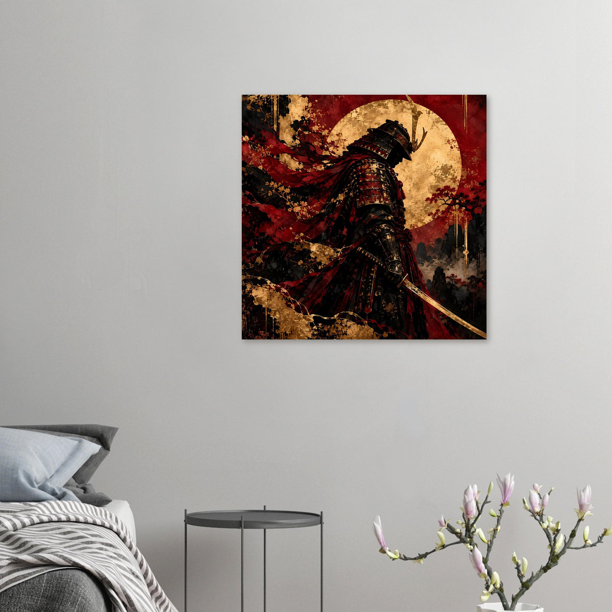 Wandbild-Poster: kleiner Samurai-Krieger in dunkler Rüstung, roter Umhang, goldener Mond