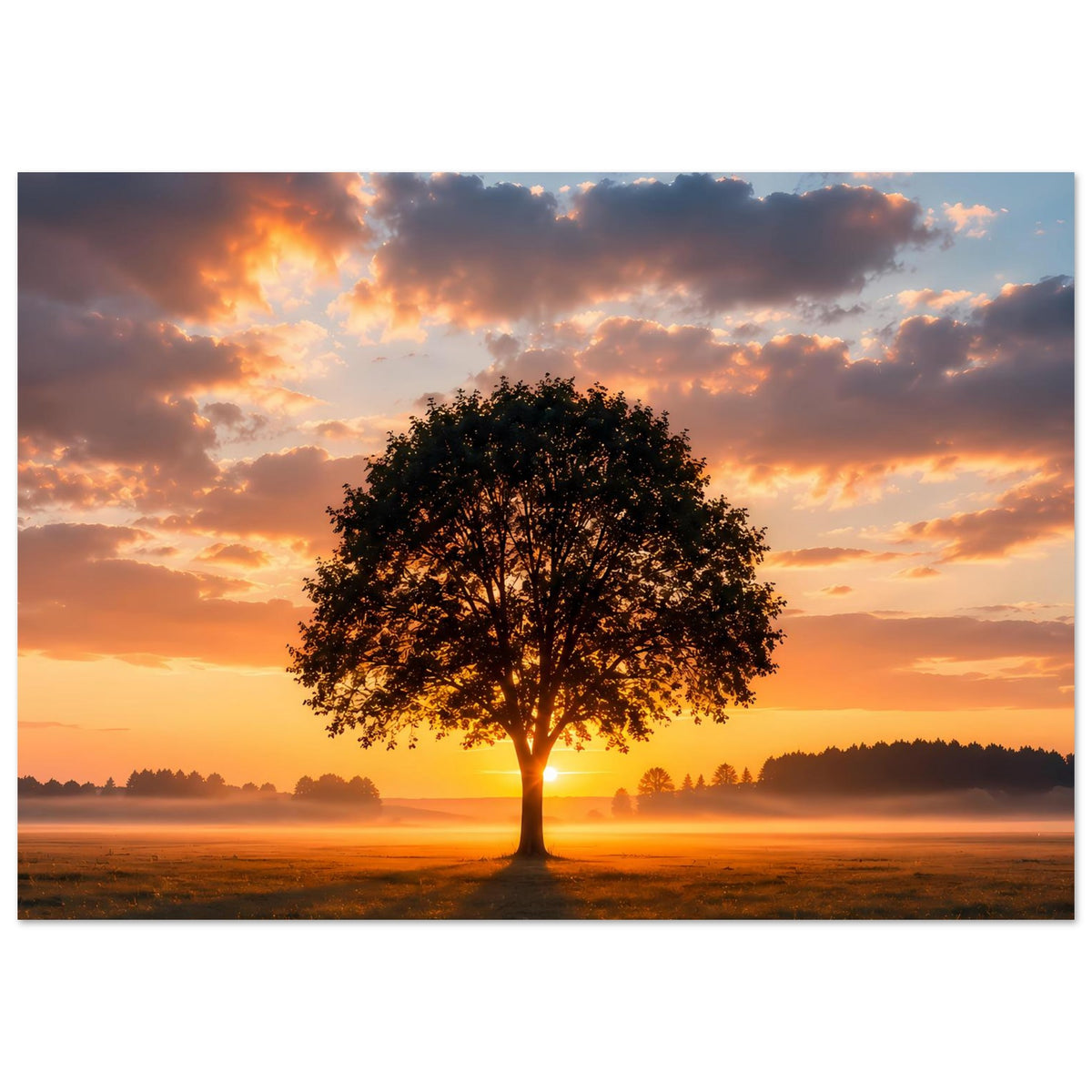 Gerahmtes Baum-Poster mit einzelner Baumfigur bei Sonnenuntergang, Landschaftsformat