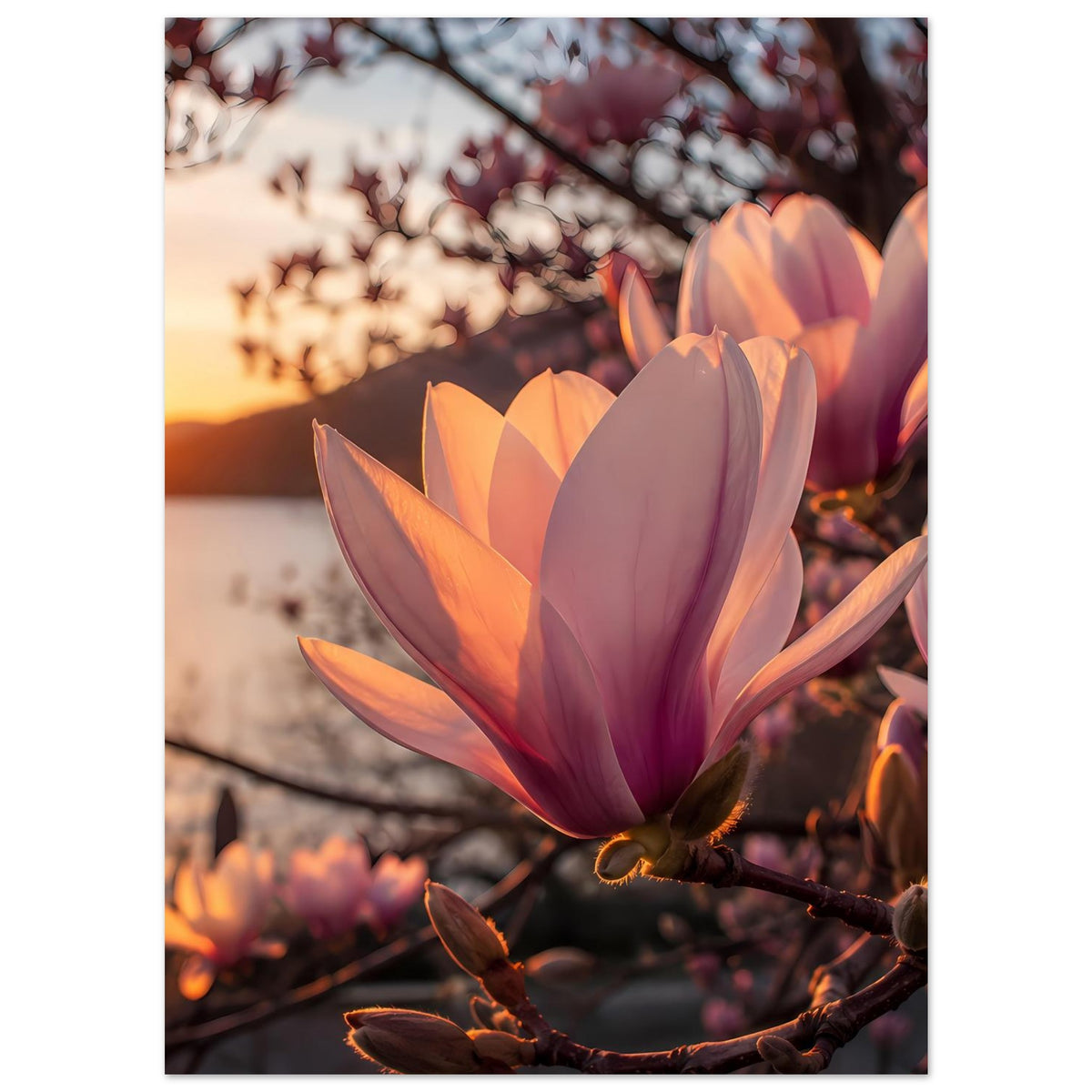 Vertikales Poster mit Magnolienblüten in rosa und orange auf dunklem Ast