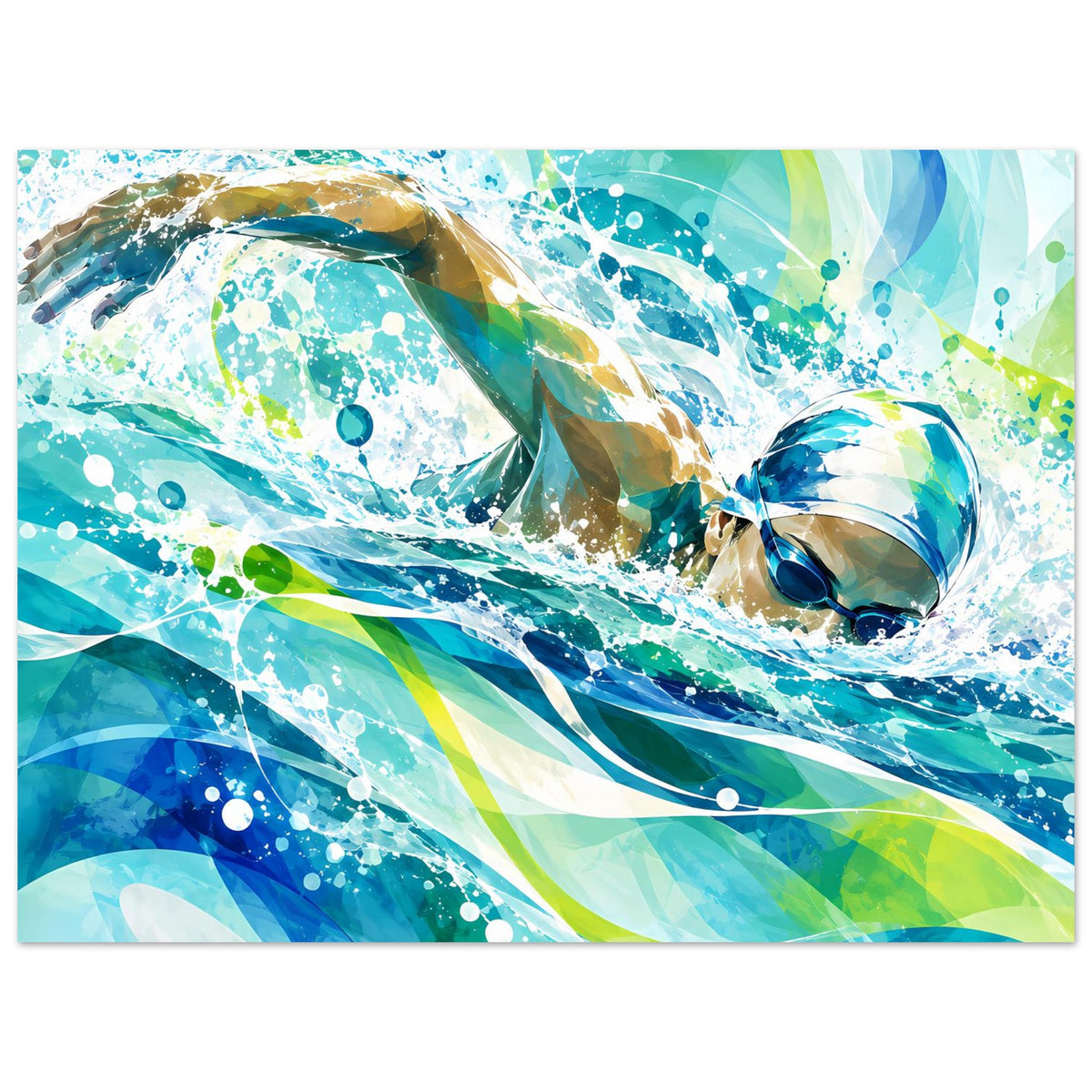 Querformat-Poster mit abstrakter Schwimmer-Szene: Blau, Grün, Goldtöne und Sprühblasen