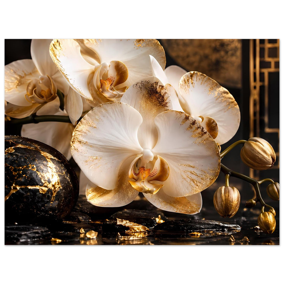 Orchideen-Poster mit weißen Blüten, goldenen Akzenten, dunklen Steinen und goldfarbener Deko