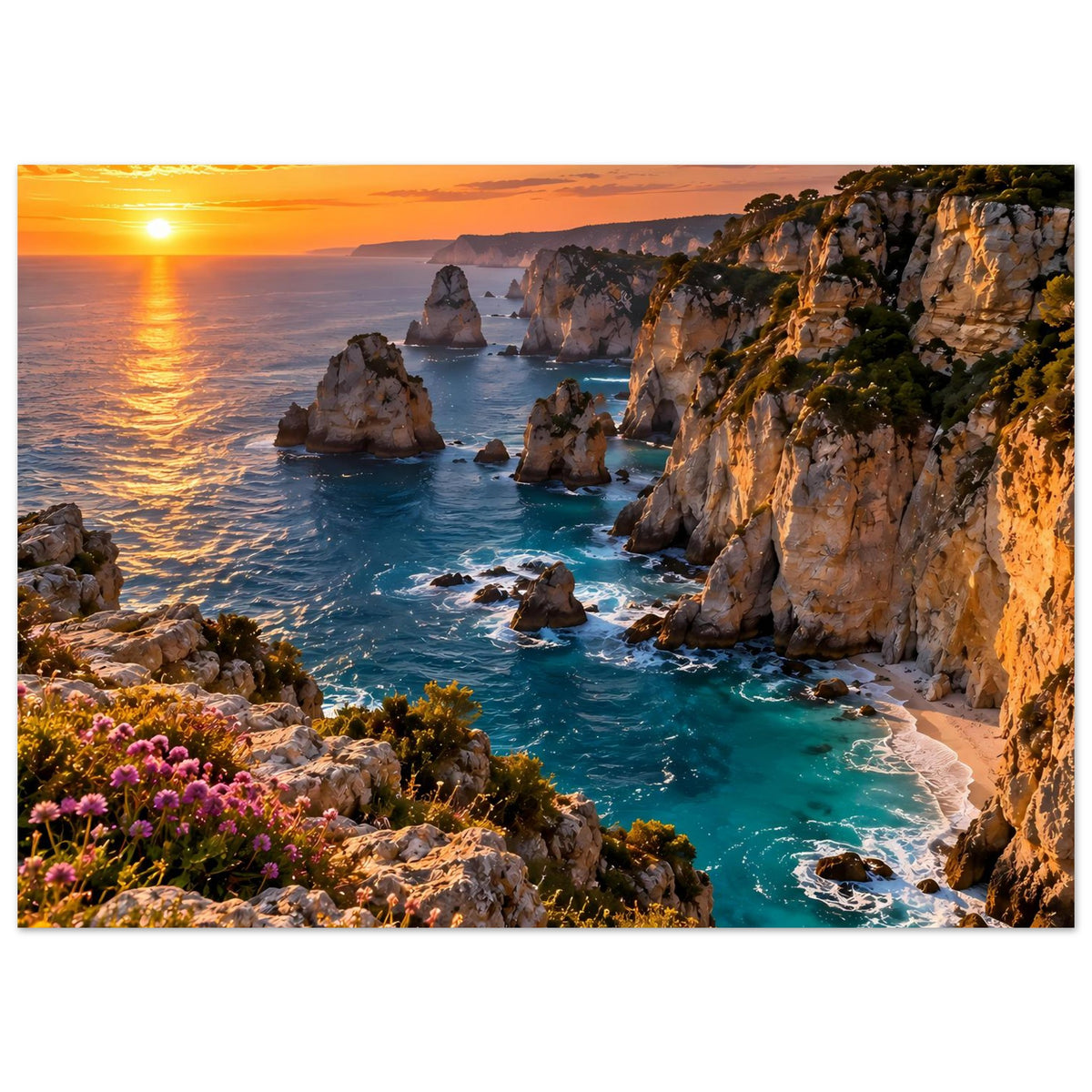 Küstenposter im Querformat: warme Abendsonne, Felsklippen und türkisfarbenes Meer.