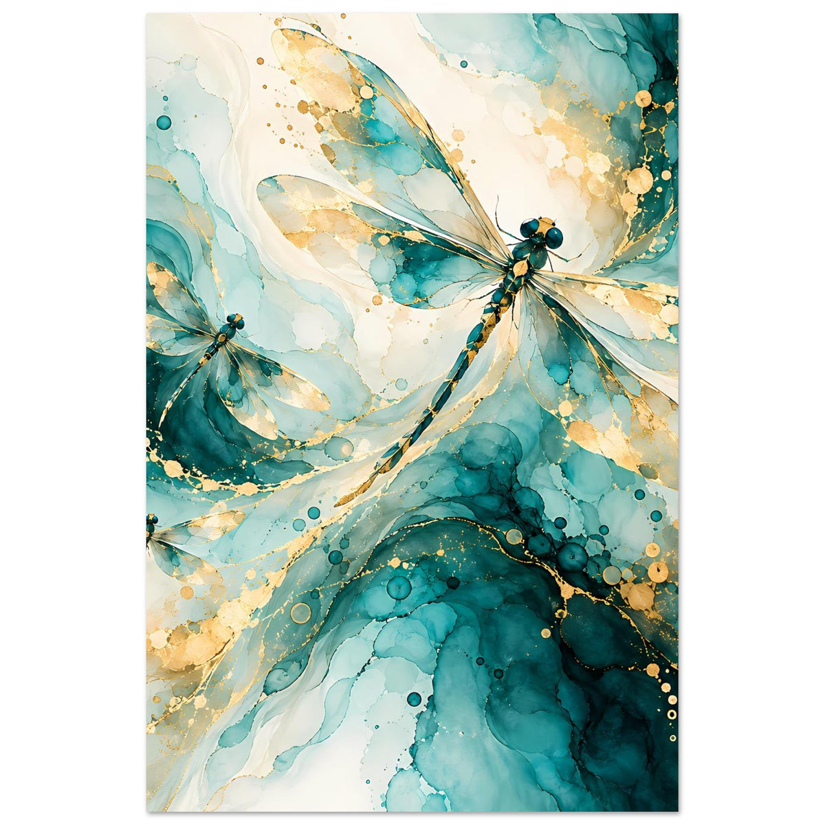 Kunstposter im Hochformat mit abstrakter Libelle in Türkis und Gold, kreisförmige Farbschweife