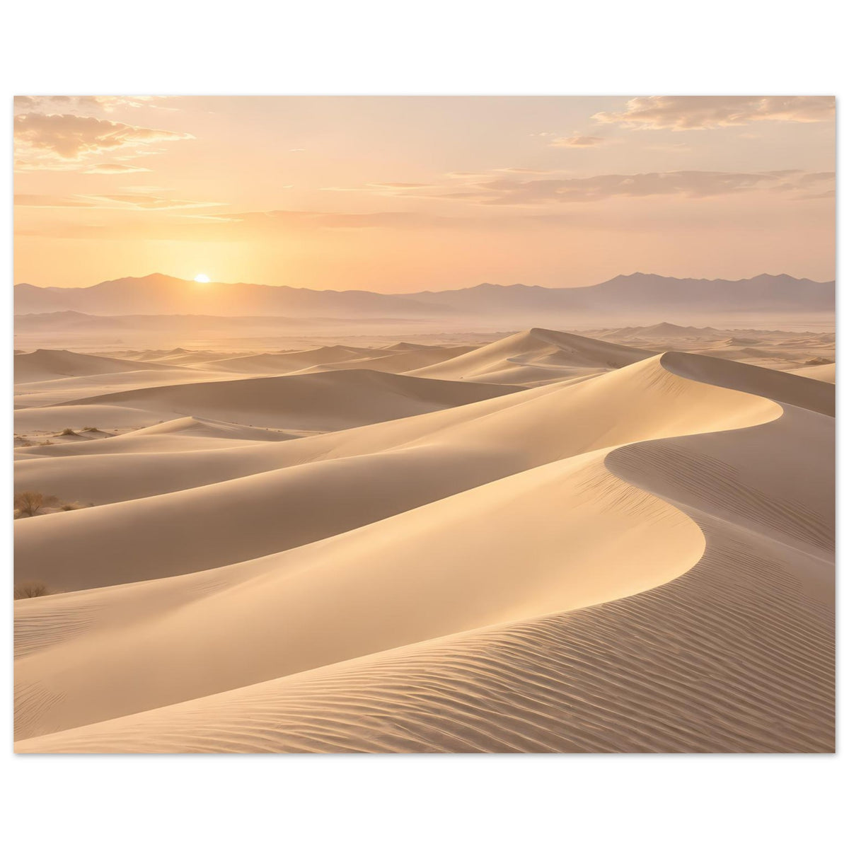 Wüstenposter im Querformat: goldener Sonnenaufgang über langen Dünnenlinien