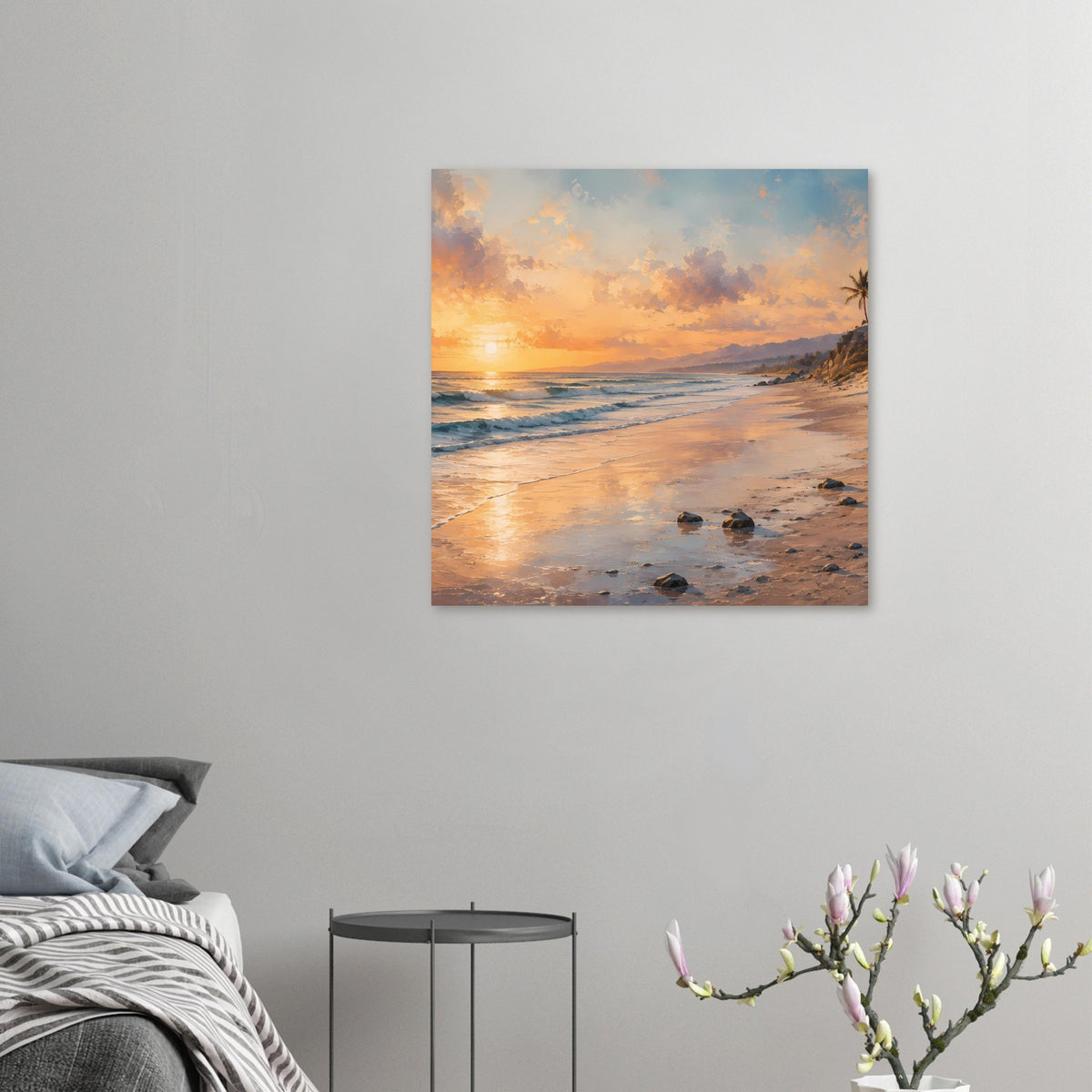 Kleines Strandposter mit Sonnenuntergang, Meerblick, Sandstrand und Palmen am Rand