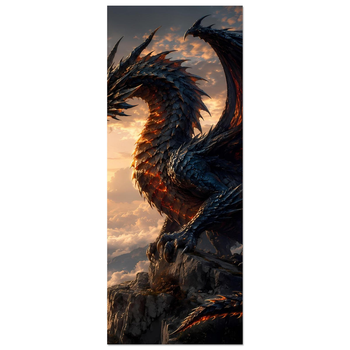 Fantasy-Drachenposter, vertikaler Zuschnitt: seitlicher Drache mit roten Flügelakzenten