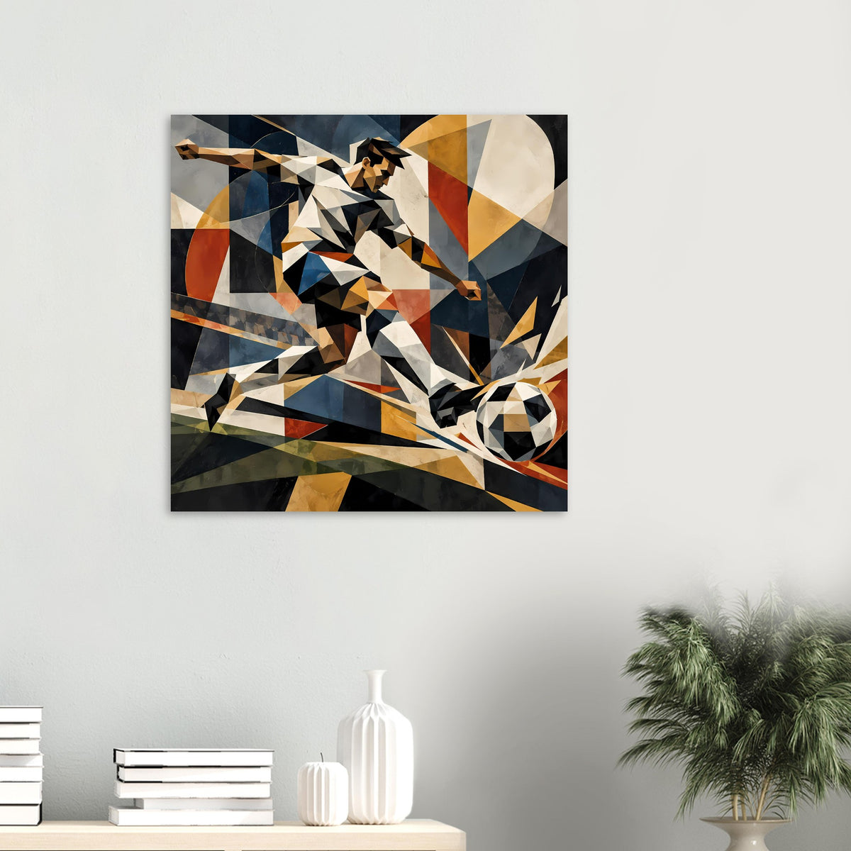 Poster mit geometrischem Fußballspieler, abstrakte Collage und Fußball, mehrfarbiges Muster