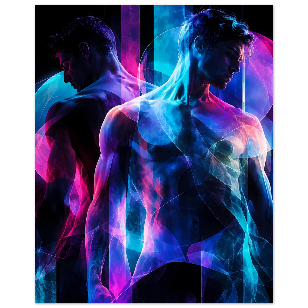 Kunstposter mit neonabstraktem Doppelportrait, Rücken- und Profilansicht in Blau/Pink