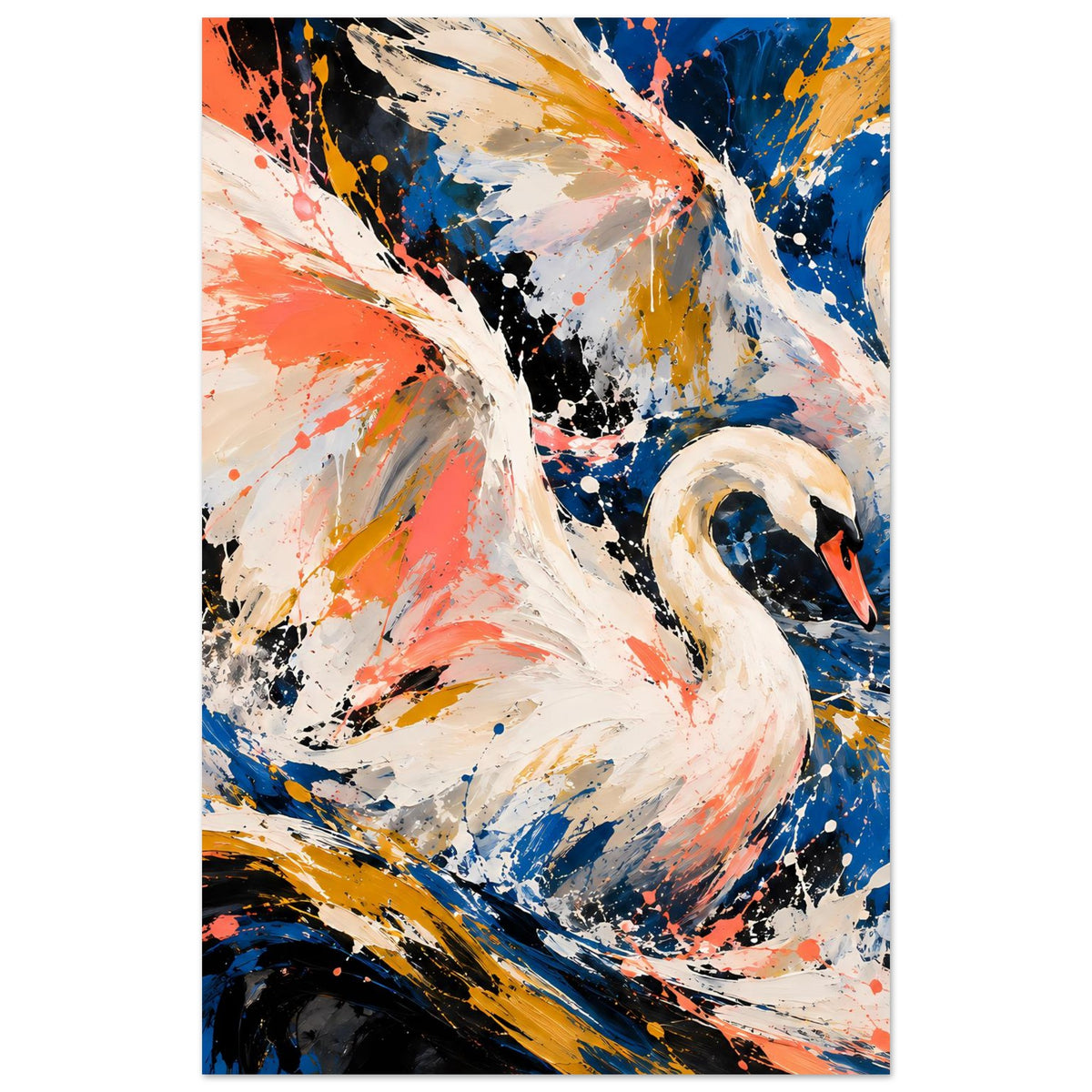 Kunstposter mit zwei Schwänen, dynamisches Farbwirbel-Muster in Koralle, Gold und Blau
