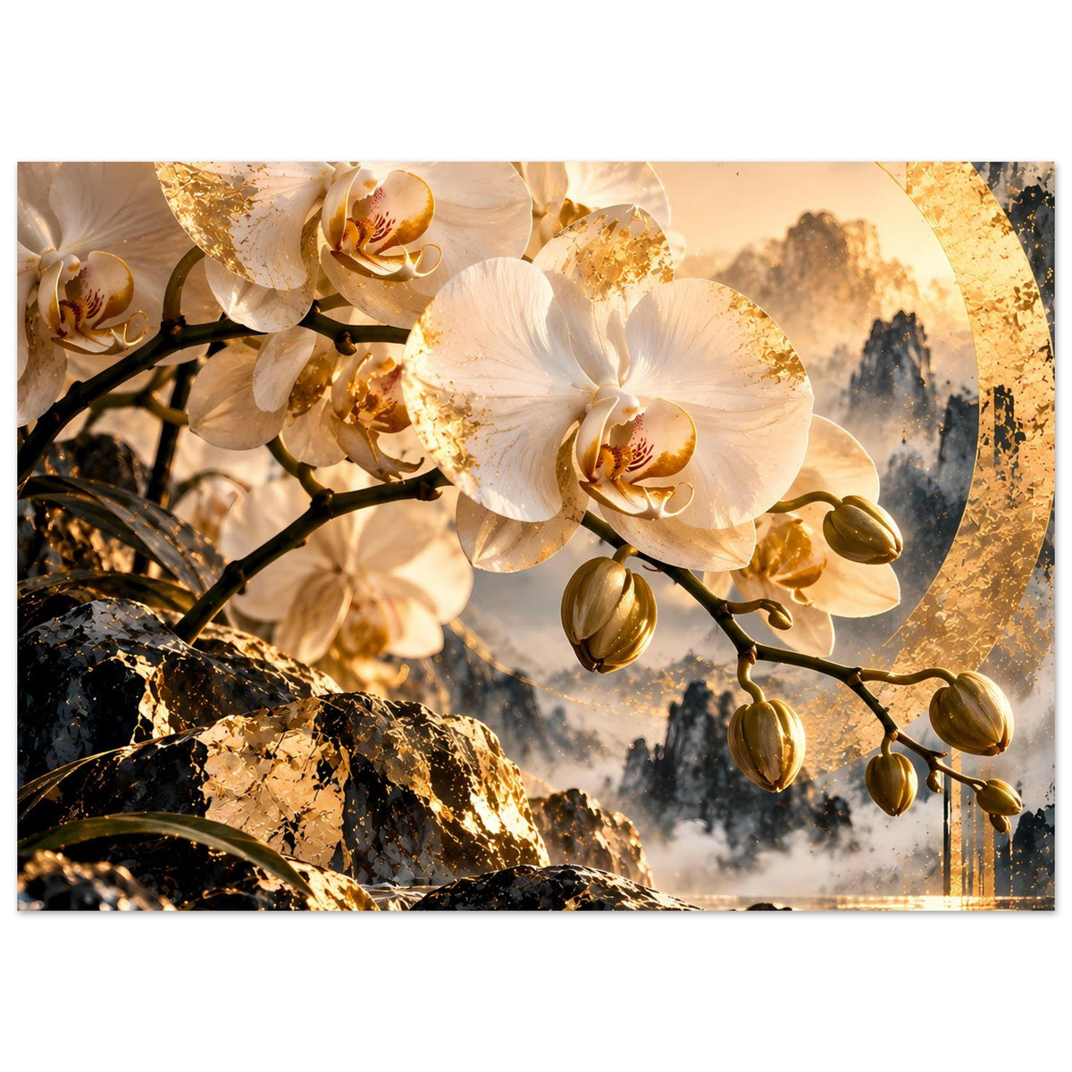 Orchideenblumen-Poster im Querformat: weiße Orchideen, goldene Details und felsige Küste